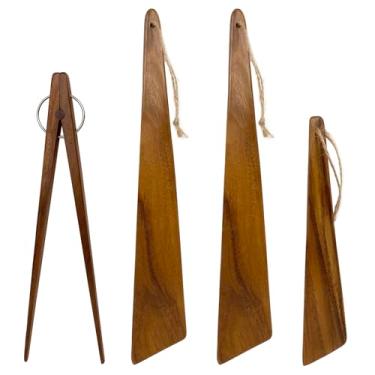Imagem de UPTALY 3 espátulas finas de madeira para omelete (30 cm, 22 cm), 1 pinça de pauzinho para sushi (25 cm), madeira de acácia, espátula de madeira pequena, para ovos fritos, pinça de chef, raspador