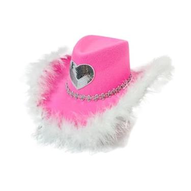 Imagem de Vaveren Hat de cowgirl chapéu de cowboy ocidental decorativo portátil arrasto de cabeça respirável para festivais de música festival de praia adolescentes, Rosa