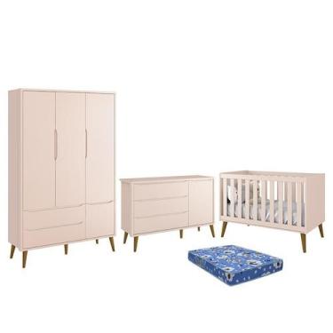 Imagem de Dormitório Infantil Theo Retrô 3 Portas, Cômoda 1 Porta, Berço Rosa co