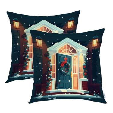 Imagem de Batmerry Capas de almofada para porta de Natal, guirlanda de sinos, luzes de flocos de neve, capas de almofada decorativas, impressão digital, tecido misto para sofá, cama, zíper invisível 50 x 50 cm