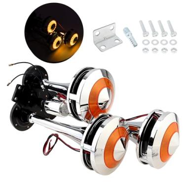 Imagem de DriSentri Buzina de ar para caminhão, trompete triplo 12V/24V 300DB Kit de buzina de ar cromado super alto para qualquer veículo, caminhão, motocicleta, trens, carros, barcos, com luz LED