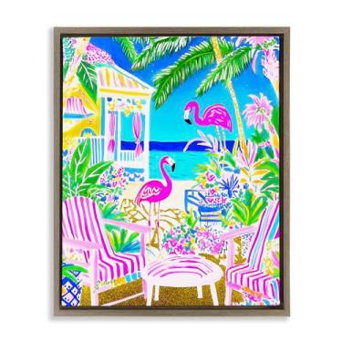 Imagem de Stupell Industries Arte de parede em tela flutuante marrom com moldura de flamingos vívidos na praia tropical, design por Jess Stempel, 25 x 31