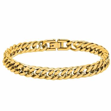 Imagem de MRDOPELUX Pulseira de elos cubanos para homens, pulseiras masculinas de aço inoxidável dourado/preto, corrente de mão de Miami resistente de 8 mm, joia de pulso hip hop para marido/namorado, 7inch