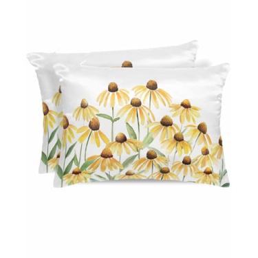 Imagem de Fronha de cetim de crisântemo de verão com zíper para cabelo e pele Pastoral aquarela flores amarelas capas de almofada de cetim sem rugas lisas e refrescantes tamanho padrão 51 x 66 cm 2 peças