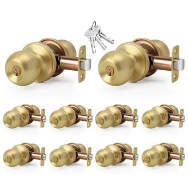 Imagem de LOQRON Maçaneta de porta com chave dourada escovada, design de bola não semelhante com chaves e fechadura, pacote com 10 maçanetas redondas de entrada com chave para portas de frente/entrada