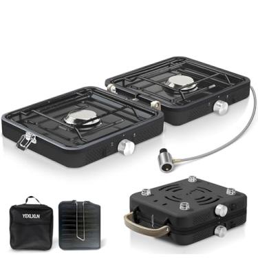 Imagem de Fogão de acampamento de 2 bocas a propano com bolsa de transporte, fogão de acampamento dobrável portátil, fogão de acampamento para cozinhar ao ar livre, com queimadores ajustáveis de 18.000 BTU