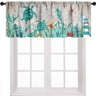 Imagem de Cortina de sanefa de cozinha tartaruga marinha, azul oceano coral, cortinas curtas verão náutico costeiro sanefa de janela para sala de estar banheiro quarto 1 peça, 137 x 45 centímetros