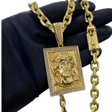 Imagem de Cordão 8Mm Cadeado + Pingente Jesus Face - Banhado A Ouro - Tojoia18K