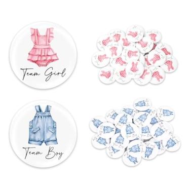 Imagem de FYSUIMU 50 peças de botões de revelação de gênero botões de equipe menino ou menina azul rosa roupas de bebê crachás de botão para suprimentos de jogos de festa