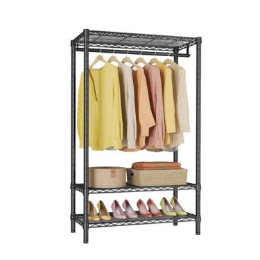 Imagem de Racks de roupas resistentes, organizador de armário, suportes portáteis para pendurar casaco com prateleiras, guarda-roupa, ajustável, independente, resistente, metal, preto, hastes duplas