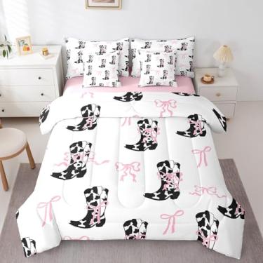 Imagem de Conjunto de cama casal de 7 peças, com estampa de vaca com laço rosa, estampa de vaca ocidental, caubói bonito, laço e laço branco em uma bolsa com edredom, lençóis e fronhas, decoração de quarto de