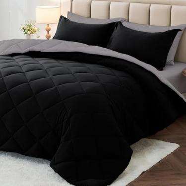 Imagem de MUXHOMO Jogo de cama solteiro GG de 5 peças, reversível em uma bolsa, tamanho twin GG, todas as estações, lençol de cima, lençol com elástico, fronhas e fronhas, preto e fuligem