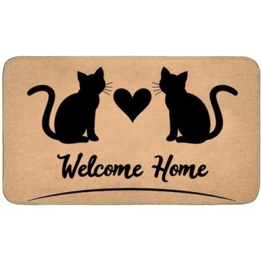 Imagem de TRYYN Tapete de porta interno de gato preto, 75 x 43 cm, tapetes de linho com silhueta fofa de gatos para coração, tapete de boas-vindas de borracha antiderrapante, tapete de decoração de presentes