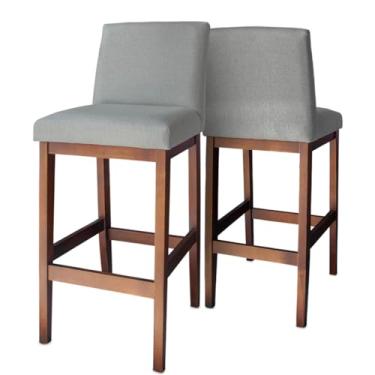Imagem de Kit 2 Banqueta Alta Estofada Cozinha Bancada Bistrô Tecido Linho Madeira Maciça Gold (Linho Prata)
