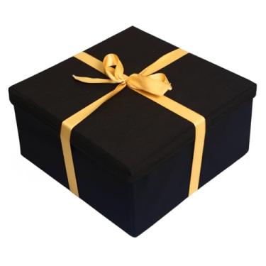 Imagem de Caixa preta para presente padrão premium luxo tamanho P M ou G com fitas para laço vermelha ou dourada Para Presentes Especiais, Kits ou Brindes dia dos namorados (fita dourada, M 28x15x28)