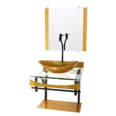 Imagem de Gabinete de vidro 40cm para banheiro curvado duplo pp cuba oval dourad