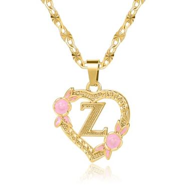 Imagem de Qitian Colar com inicial de coração para mulheres, coração, letra dourada, nome A-Z, nome alfabeto, pingente colar para presente de menina, Ouro, Sem Pedra Preciosa