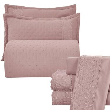 Imagem de Kit Cobre Leito Casal Padrão + Jogo De Lençol Micropercal 300 Fios Com Bordado Inglês Santorini 7 Peças - Malva