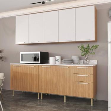 Imagem de Cozinha Compacta 4 Peças Com Armário E Balcão Com Tampo Multimóveis Cr20448 Freijó/branco/mármore Branco