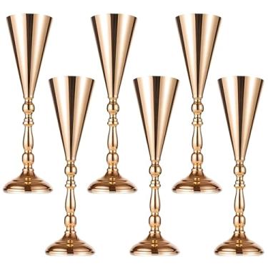 Imagem de 6 Vasos altos dourados para centros de mesa, vasos de trompete de metal para decoração de mesa, 42 cm de altura, acabamento dourado elegante, vasos de flores para casamentos, festas, decoração de mesa