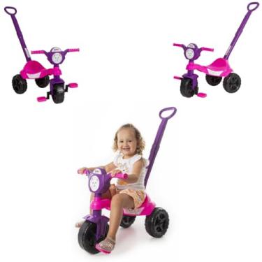 Imagem de Kit Carrinho de passeio infantil andador bebe didático triciclo de empurrar com pedal haste chave crec crec totoka Gatinha motoca menina criança 1 ano brinquedo de atividades Roxo e Rosa
