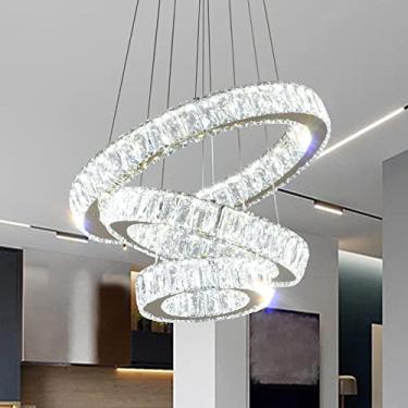 Imagem de FRIXCHUR Lustre Moderno De Cristal Frixchur, Luminária Pendente Teto Com 3 Anéis, Ajustável Para Sala Estar, Jantar, Quarto, Hall Entrada, Dourado (Branco Frio)