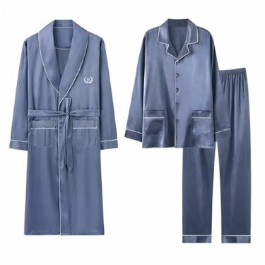 Imagem de Conjunto De Pijamas De Cetim Masculino Ubyer 3 Peças Silk Button-down Pjs Sets Soft Lounge Sets Classic Silk Sleepwear, Light Blue, XXL