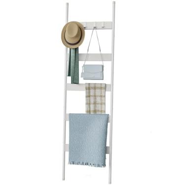 Imagem de Escada de cobertor, suporte de toalha de 5 camadas com 4 ganchos removíveis, prateleira decorativa inclinada para parede de fazenda, suporte de exibição de toalha de madeira, escada de colcha para