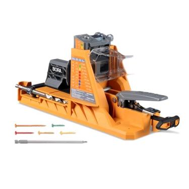 Imagem de BORA Gabarito de bolso automático com 50 parafusos revestidos de cor, guia de broca de ajuste automático, kit de gabarito de furo de bolso para marcenaria - para materiais de 1,27 cm a 3,8 cm de