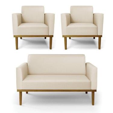 Imagem de Sofá Namoradeira Com 2 Poltronas Base De Madeira Fixa Castanho Marisa 