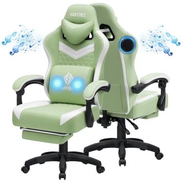 Imagem de HOFFREE Cadeira de jogos de computador com alto-falantes, cadeira de jogos de massagem com apoio para os pés, cadeiras ergonômicas Bluetooth para jogadores com suporte lombar cadeiras reclináveis para