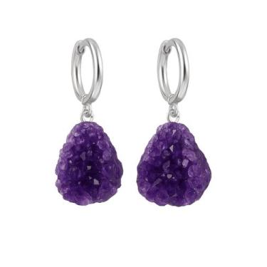 Imagem de Brinco de Argola Druza de Ametista - Cristal Natural, Prata 925