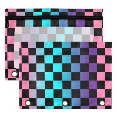 Imagem de Bolsas de fichário xadrez arco-íris búfalo 3 anéis para meninos meninas escola escritório faculdade suprimentos roxo tabuleiro de xadrez rosa Aqua Pencil bolsas bolsa bolsa bolsa com janela