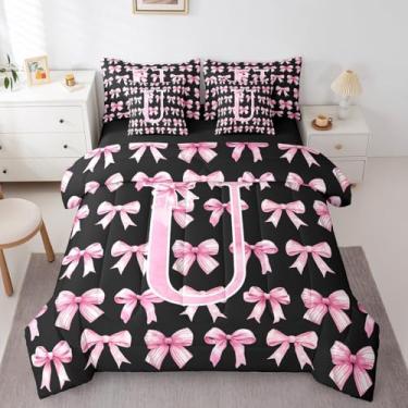 Imagem de Conjunto de cama solteiro com laço rosa e preto, 7 peças, para meninas adolescentes, floral, letra U, conjunto de colcha com laço estético, feminino, chique, moderno, conjunto de edredom com lençol