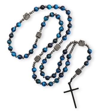 Imagem de Nazareth Store Colar de rosário masculino ônix preto ou contas de olho de tigre com cruz de liga preta, joia religiosa cristã católica, presente para ele, 42*25 mm, Pedra, Sem Pedra Preciosa