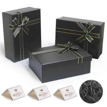 Imagem de Eerbaier Caixa de presente com tampa para presente – Pacote com 3 caixas de presente pequenas 21 x 16 x 8 cm, caixa de presente preta com enchimento de papel ráfia e cartão comemorativo
