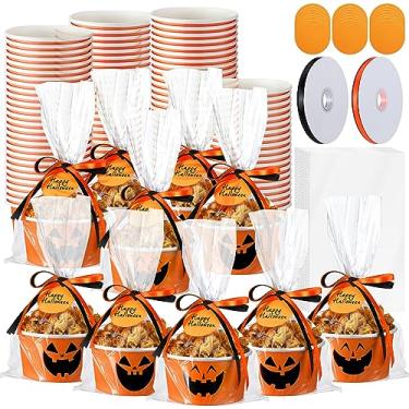 Imagem de Dandat 150 conjuntos de copos de petisco de Halloween a granel 425 g tigelas de papel de abóbora descartáveis Jack-O-Lantern copos de abóbora laranja preta sobremesa sorvete tigelas para doces ou