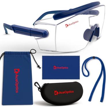 Imagem de Aceoptics Conjunto de óculos de segurança para óculos de proteção ClearShield ANSI Z87 com alça, estojo rígido, pano e bolsa - cabe sobre óculos de grau - azul/transparente