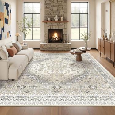 Imagem de Restydon Tapetes laváveis 20 x 25 cm para sala de estar, tapete grande antiderrapante para quarto de bebê, tapetes florais vintage para quarto, tapete fino para decoração de casa de fazenda (bege, 20