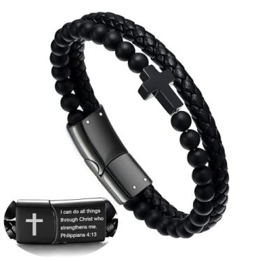 Imagem de Hengbofeng Pulseira masculina, presente masculino, couro tecido preto com cruz de aço inoxidável preto, pulseira com pingente de 19 cm para pai, amigo, irmão, filho