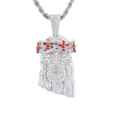 Imagem de ICE STAR Colar masculino com pingente de Jesus com coroa floral congelada com corrente de corda de 61 cm - Joias hip-hop com cristais simulados, 24-INCHES, Zinco, Zircônia cúbica