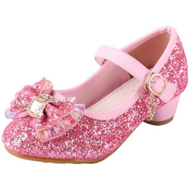 Imagem de iTVTi Sandália feminina de princesa com glitter Mary Janes com laço lateral e salto baixo para festa de casamento, Dourado, 12.5 Little Kid