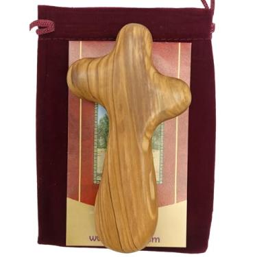 Imagem de Zuluf Organic Olive Wood Holding Cross Certified | Palm Size Pocket Holding Hand Cross | Embrace Devotion and Faith | Comes With Velvet Bag and Holy Land Certificate 10.7cm / 4.2 Inches CRS131