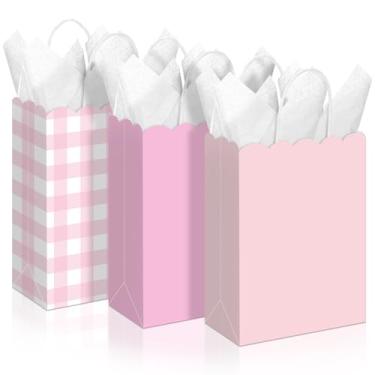 Imagem de Kolldenn 24 peças de sacolas de presente de guingão rosa com alças de papel kraft xadrez xadrez doces lembrancinhas de festa para chá de bebê, aniversário, decoração de casamento