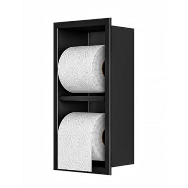 Imagem de Ikitraee Dispensador de papel higiênico com nicho de parede embutido para armazenamento, suporte de papel higiênico de aço inoxidável com prateleira, escovado, 15,9 pol. x 12,9 x 11,9 cm (preto fosco