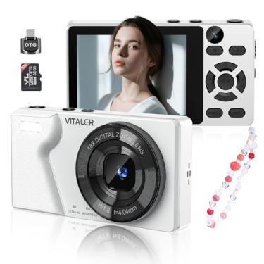 Imagem de Vitaler Câmera digital com lente frontal traseira, câmera de foco automático de 64 MP 4K para fotografia com cartão de 32 GB, câmera compacta portátil para adolescentes adultos iniciantes com capa de