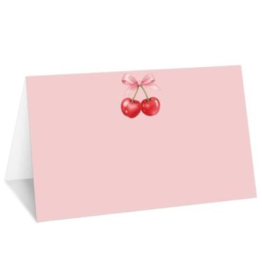 Imagem de Cartões de lugar com laço de cereja rosa blush, conjunto de 25 cartões de nome de barraca para configuração de mesa, etiqueta de comida para casamento, chá de bebê, artigos de festa de jantar de