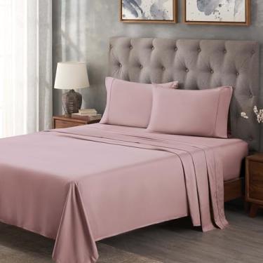 Imagem de Superior Jogo de lençol de cama de algodão egípcio 300 fios, 1 lençol elástico com bolso profundo, 1 lençol de cima, 2 fronhas, lençóis macios para o dia a dia, luxo, pelúcia, itens essenciais para