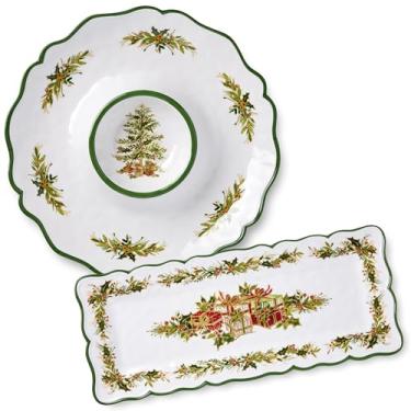 Imagem de Conjunto de aperitivos de Natal de árvore de azevinho – 2 peças de lascas de melamina e prato retangular com design de árvore festiva, resistente à quebra e pode ser lavado na lava-louças