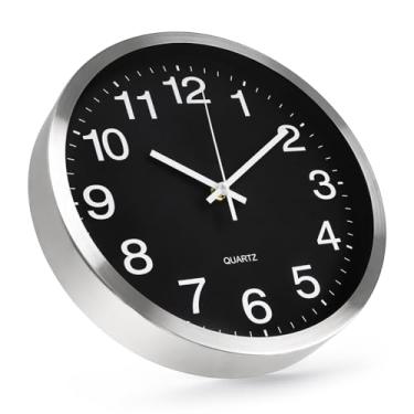Imagem de bakbrand Relógio de parede de 30,5 cm com acabamento metálico silencioso sem tique-taque, relógio de parede redondo operado por bateria de aço inoxidável para casa, escritório, sala de estar
